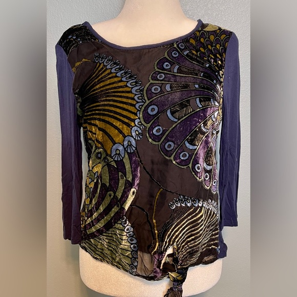 Chico's Tops - Chico’s Blue Wrap Tie Front Knit Top Artsy Peacock Print Velvet Burnout Size 3
